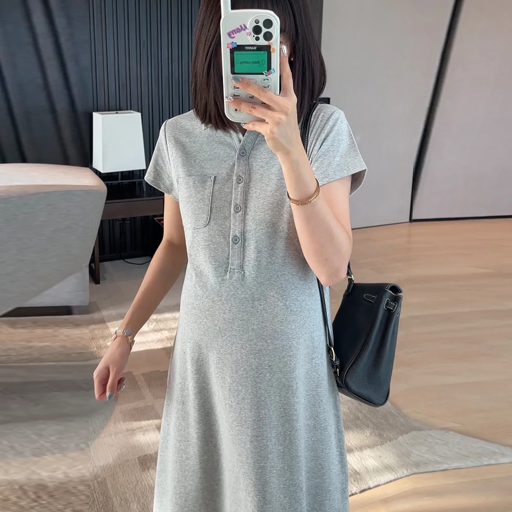 夏季新款POLO领连衣裙短袖百搭时尚休闲气质宽松显瘦孕期中长款裙