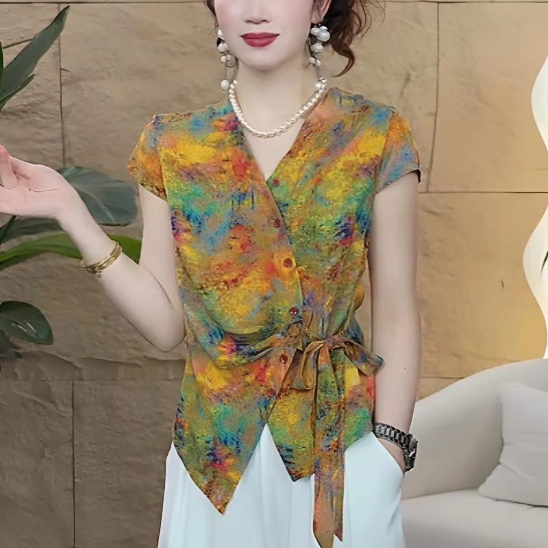 【歌莱图】2025夏季时尚印花收腰显瘦气质修身短袖上衣#3213