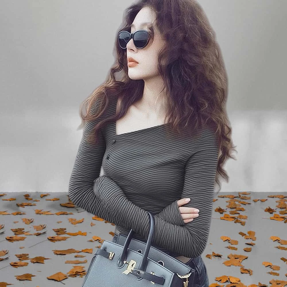 设计感独特斜领套头针织衫上衣女秋冬修身显瘦巨好看打底长袖t恤