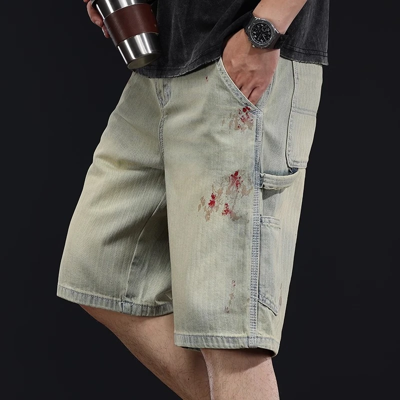 泼墨牛仔短裤男潮牌宽松水洗五分裤个性小众设计感痞帅复古工装裤