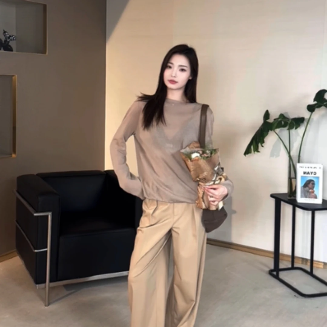 AMASS/阿玛施【水波温柔】冷淡系高级圆领长袖纯色针织T恤5399728