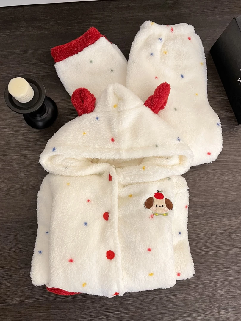 【DMXJ大梦想家】韩系卡通波点珊瑚绒睡衣女秋冬新款家居服加厚套装