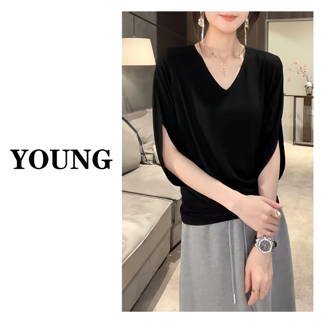 【蝙蝠袖V领】面膜感大领口极简收腰垂感舒适夏季五分袖短袖T恤女