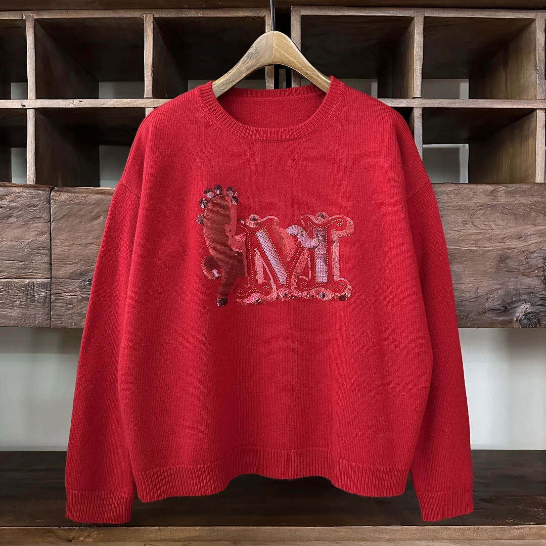 圆领长袖字母刺绣圆领亮片套头针织衫MA5SYDZ1434