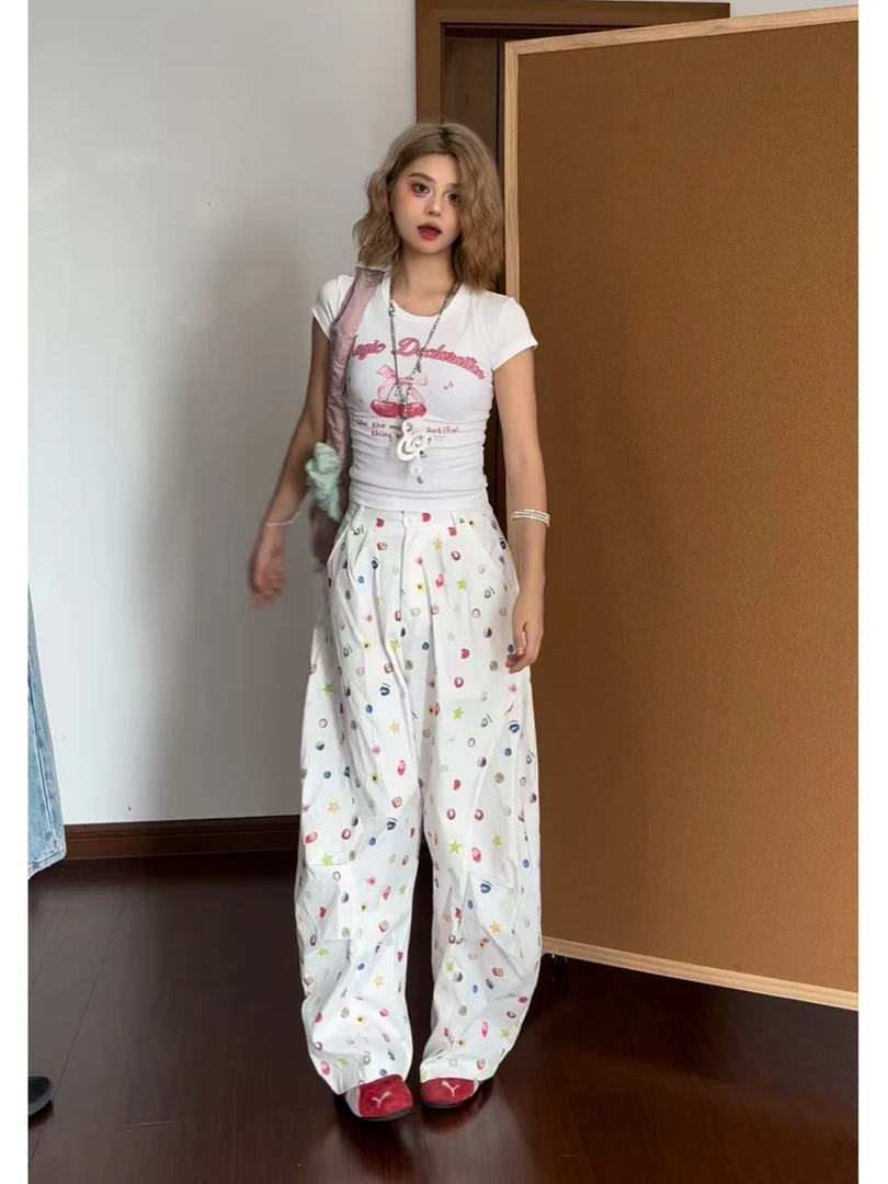 【千禧年糕】美式辣妹正肩修身圆领白色樱桃印花夏季短款女款T恤2