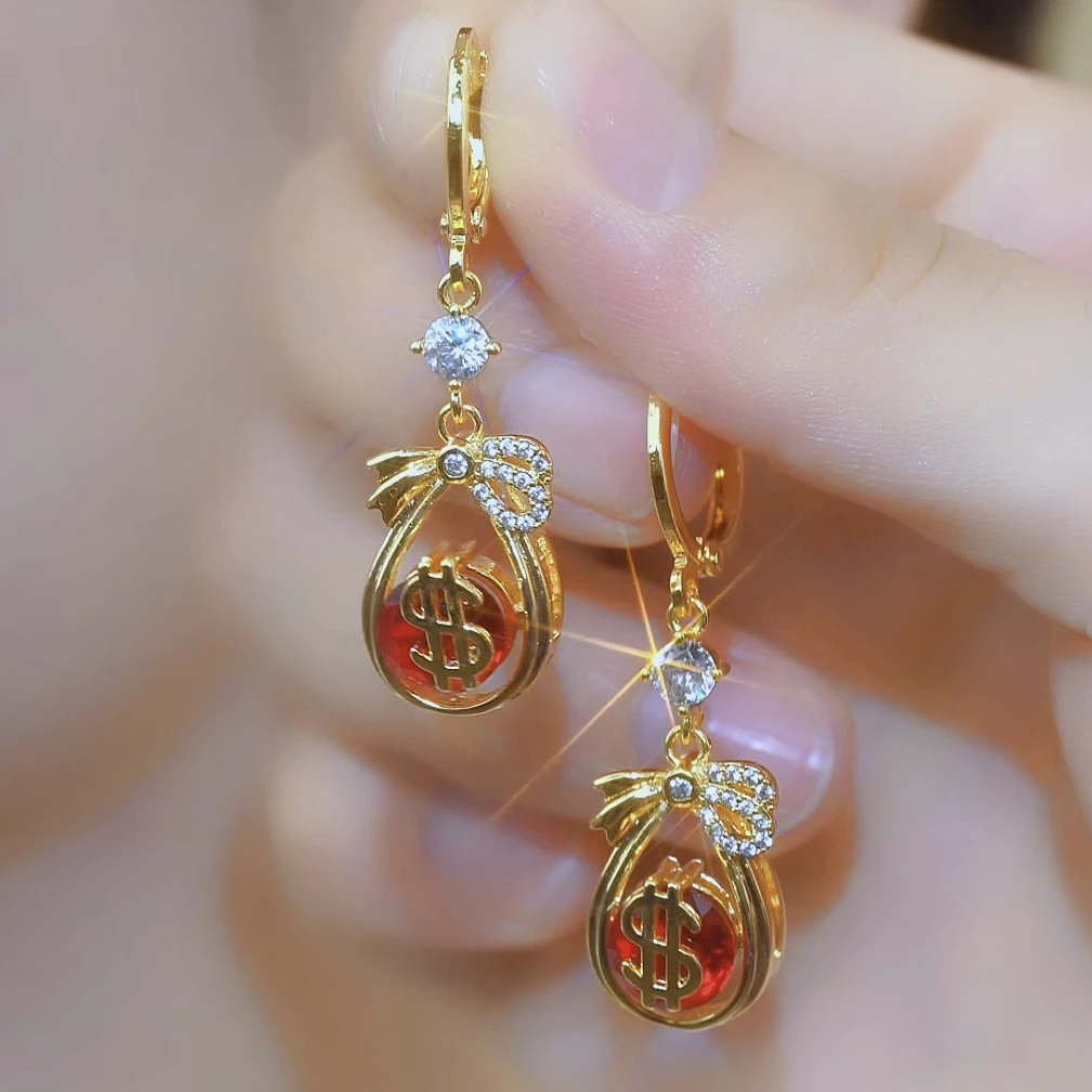 铜合金合成锆石耳饰 【福气满满】精致时尚耳扣福袋流苏耳环耳圈