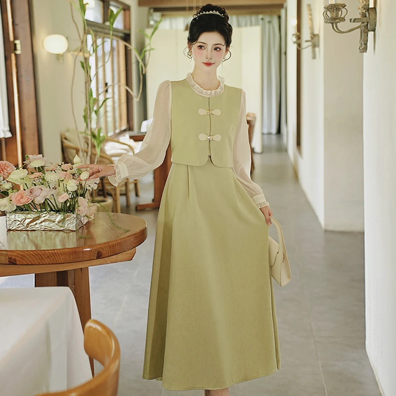 法式复古小香风连衣裙女秋新款假两件拼接裙子显瘦气质长裙2527