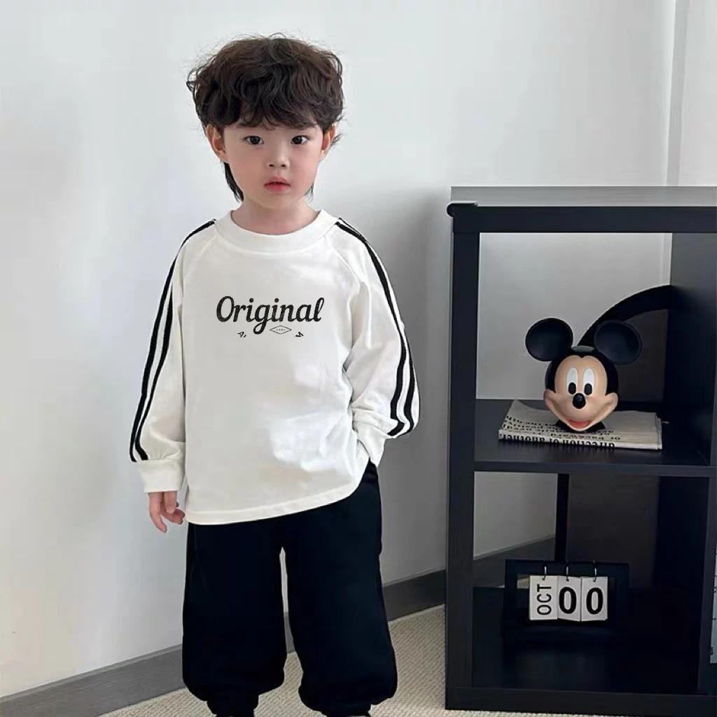 男童新款圆领套头t恤纯棉长袖打底衫简约韩系百搭卡通印花春秋款