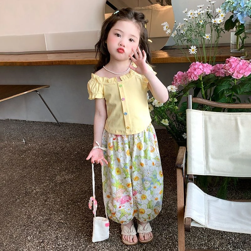 女童夏季短袖套装2025新款儿童薄款t恤碎花裤洋气宝宝休闲两件套