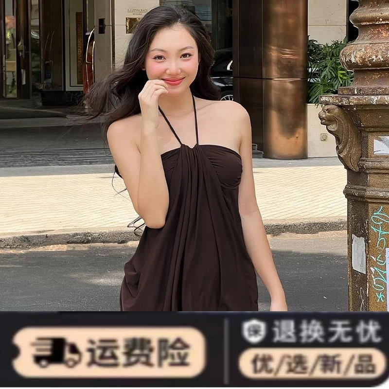 度假风纯色高级感挂脖抹胸连衣裙2024夏季新款辣妹性感包臀短裙潮