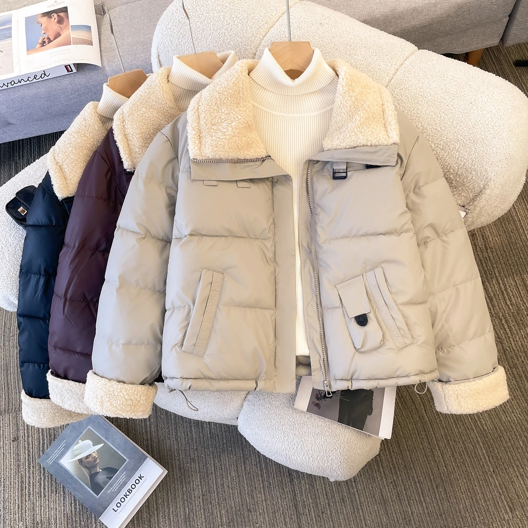 PU皮棉服女冬季新款爆款超好看小棉袄加厚保暖棉衣羊羔毛领外套