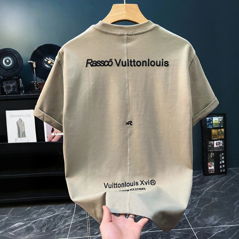 夏季痞帅短袖T恤男士个性后背中线设计明线圆领青年印花刺绣上衣