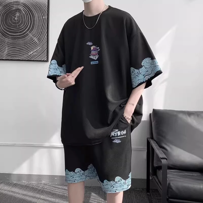 仓石一树潮牌夏季新款男士白色国潮时尚套装短袖短裤潮流两件套