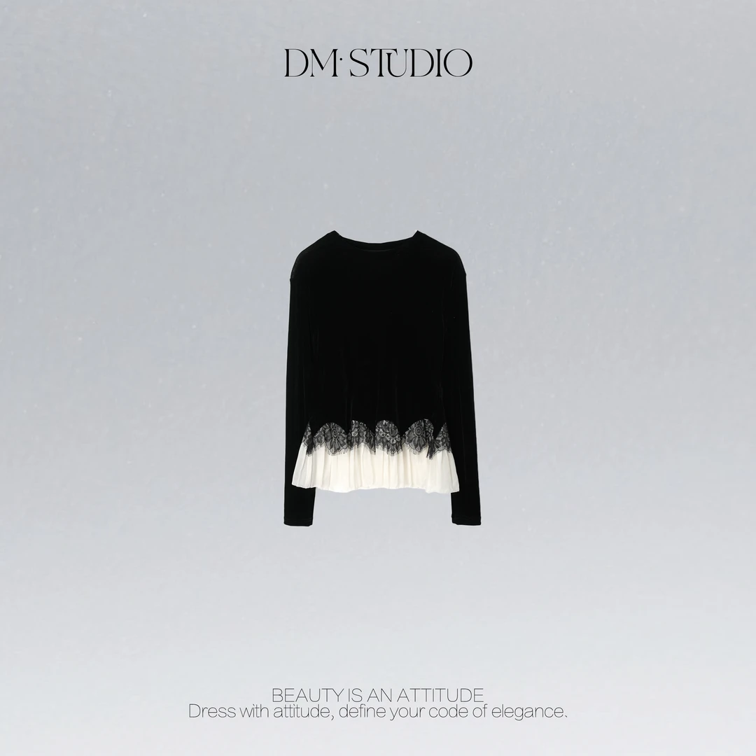 DEDM•STUDIO/修身显瘦气质蕾丝花边植绒长袖上衣2508TX/T004