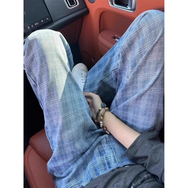 美式复古格子牛仔裤男款夏季高腰显瘦cleanfit裤子修身窄版直筒裤