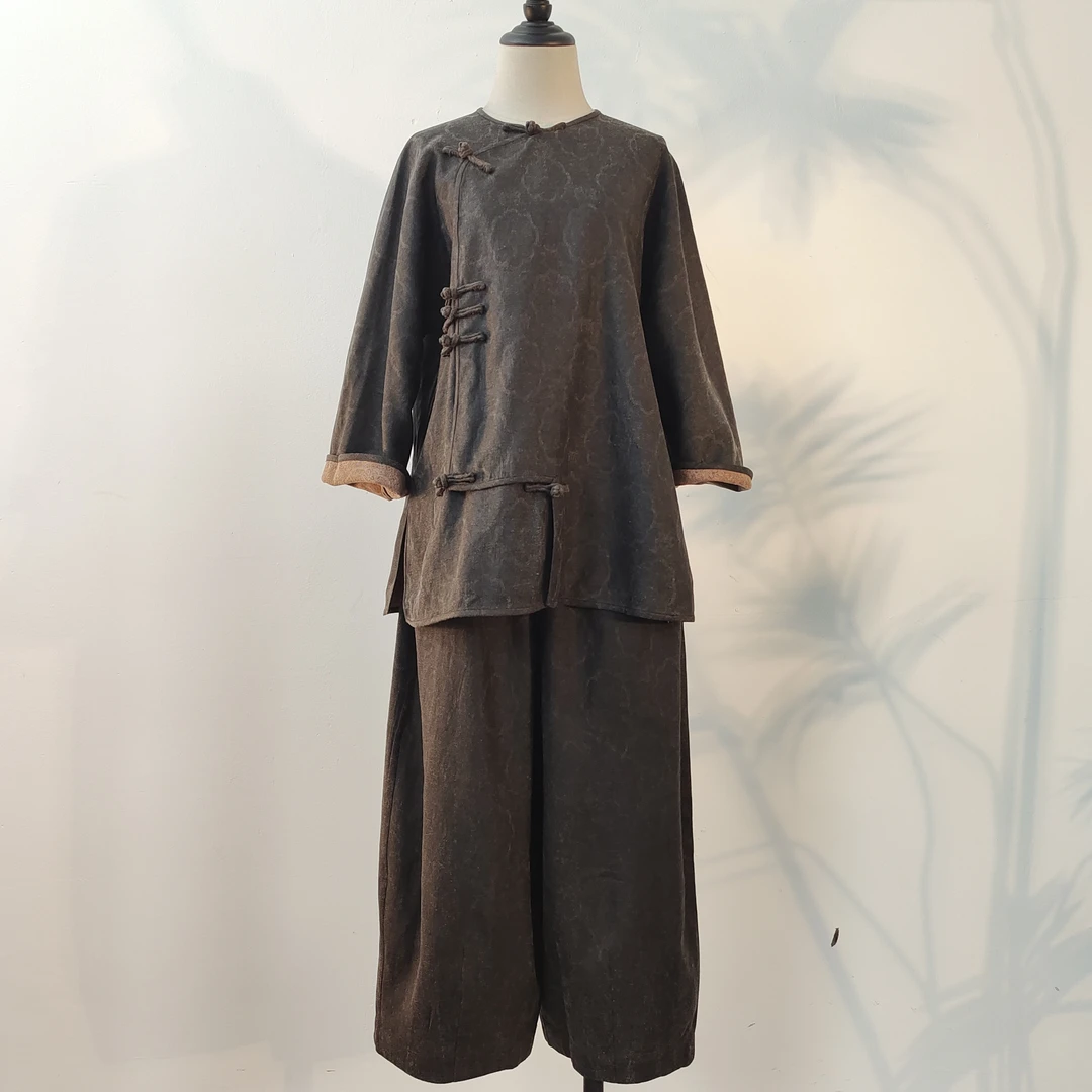 新中式古朴原色柞蚕丝香云纱全孔萝原创设计国风上衣