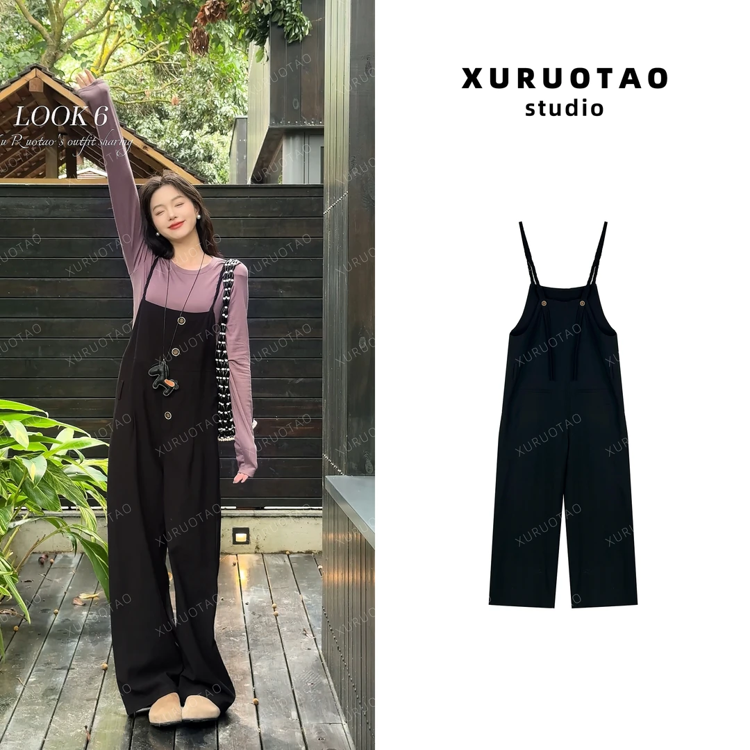 XURUOTAO 【胡桃夹子】亚麻设计感休闲显瘦黑色背带裤 T5015