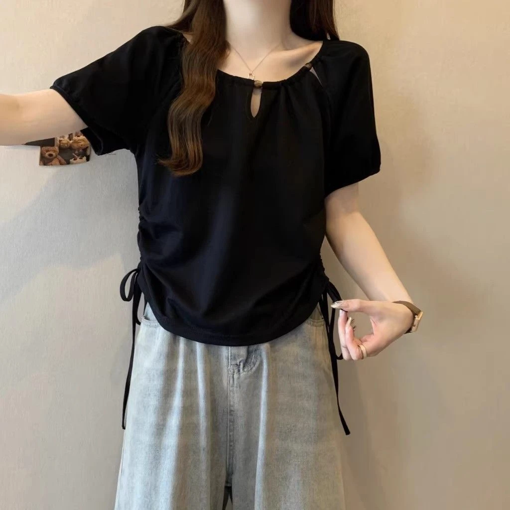 大码设计感串珠抽绳短袖T恤女夏季薄款胖MM宽松显瘦百搭洋气上衣