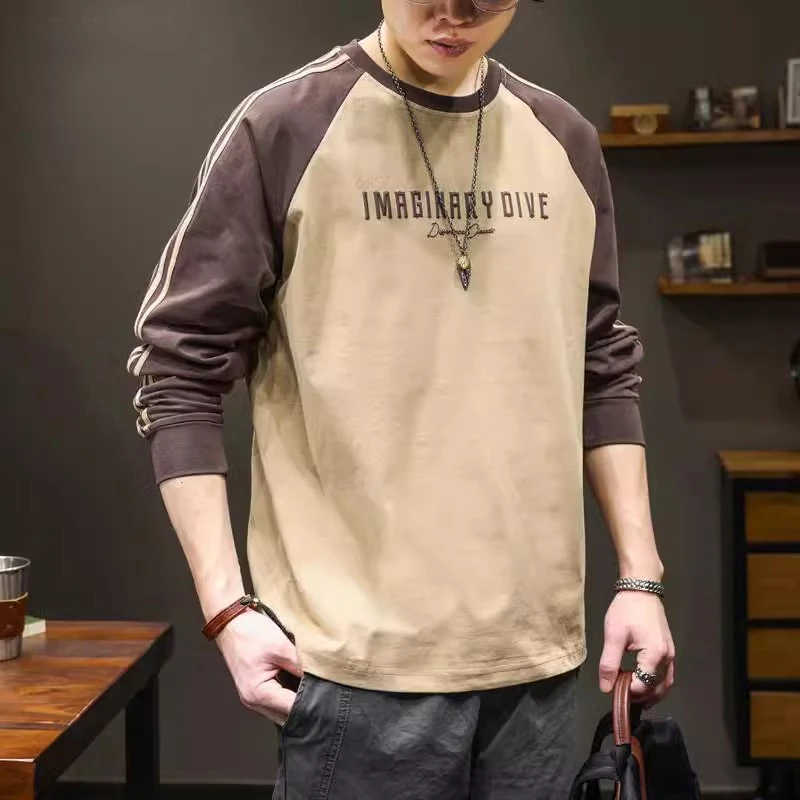 美式新款条纹三条杠拼接长袖T恤男士宽松潮牌纯棉休闲圆领打底衫T