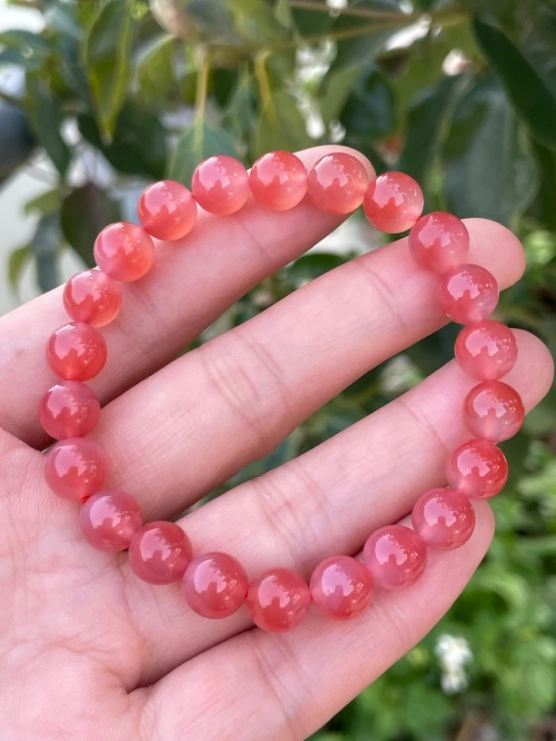 精品蜜桃玛瑙8.5mm单圈手串特色聚宝盆颜色漂亮