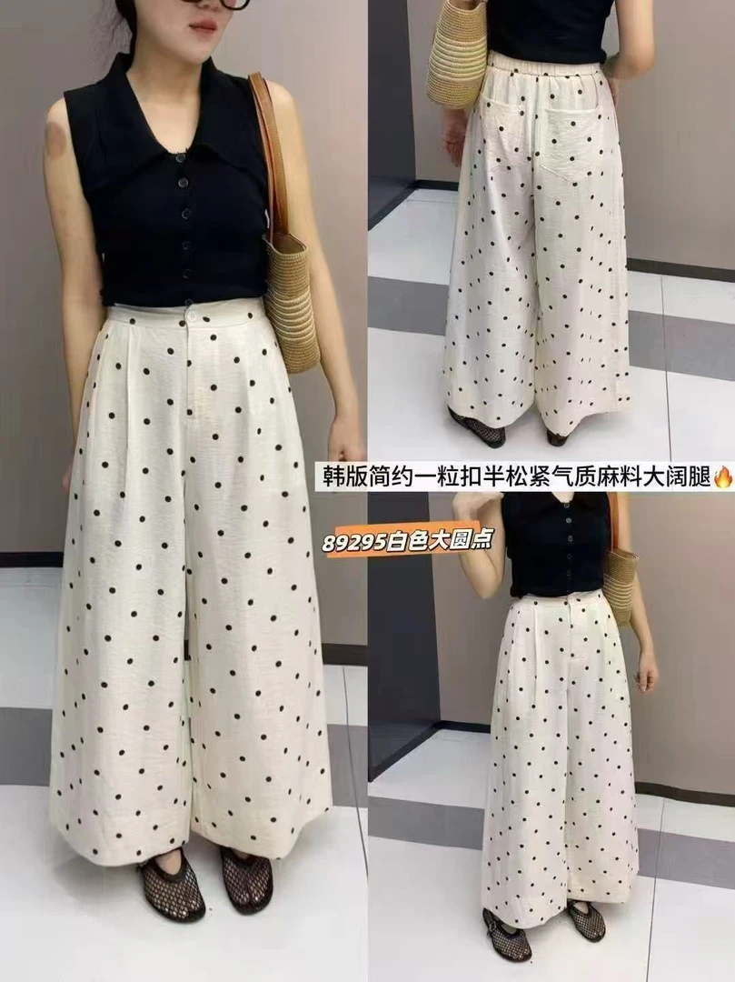 89295三炫家新款韩版简约一粒扣半松紧阔腿裤