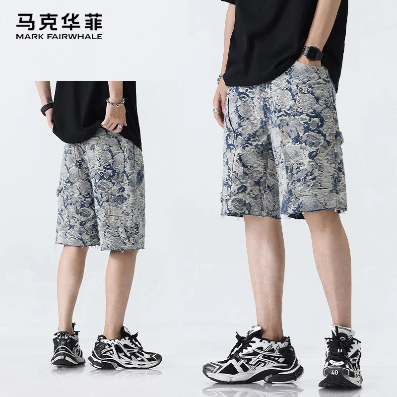 马克华菲牛仔短裤男夏季薄款宽松直筒潮流印花设计感休闲五分裤子