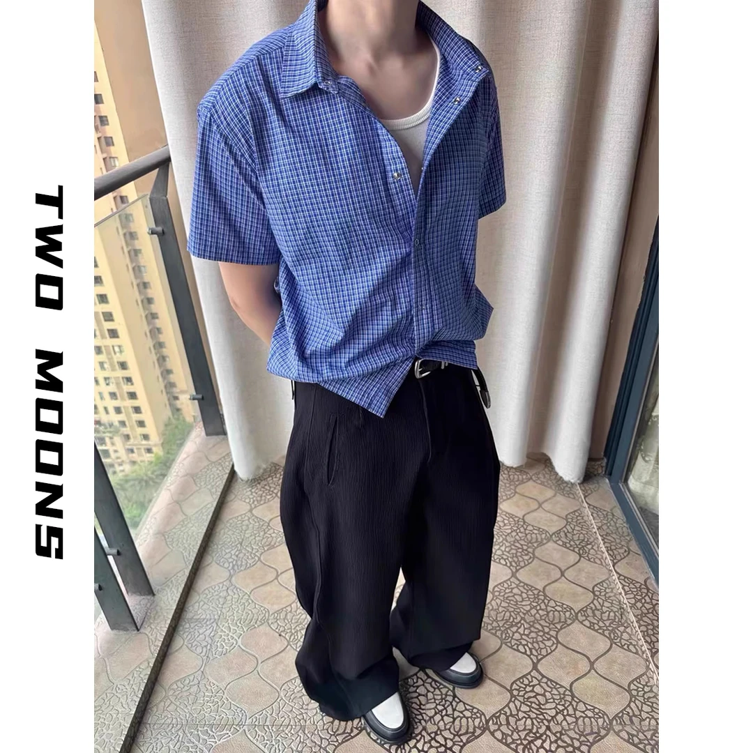 两个月亮夏季设计感小众miu系格子短袖衬衫男慵懒高级感别致衬衣