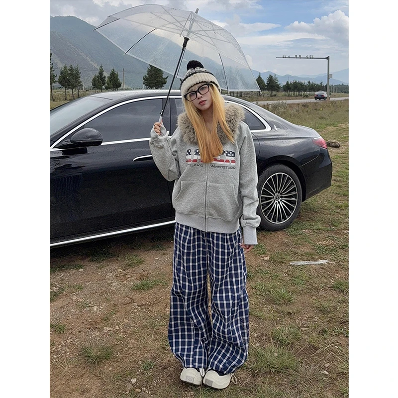 美式复古蓝色格子裤子男女秋季宽松bf慵懒风休闲裤垂感阔腿弯刀裤