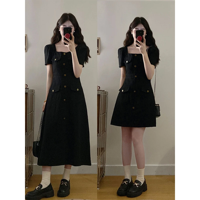 法式大码牛仔连衣裙女夏季收腰显瘦小个子短裙微胖MM短袖A字裙子