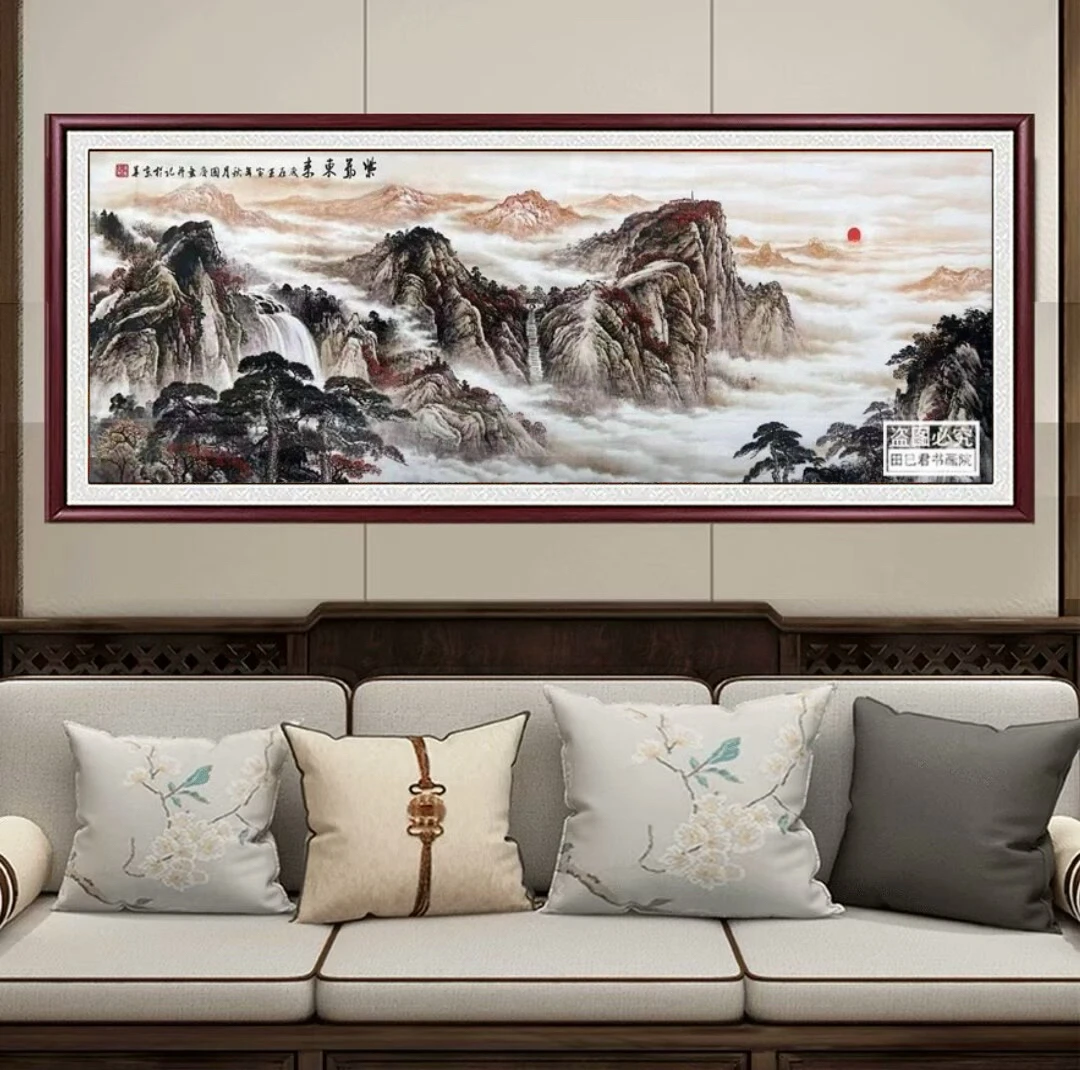 紫气东来带框国画山水画客厅办公室招财实木框背景墙壁画