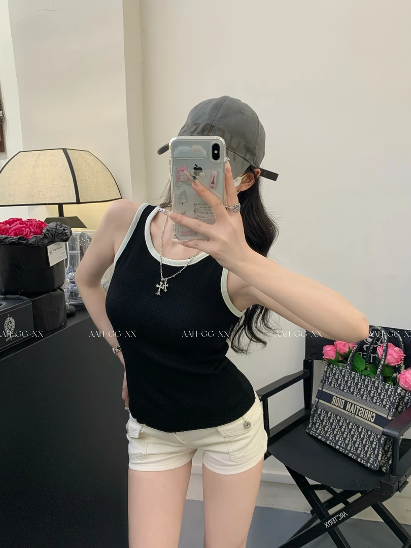 XX【撞色】美式辣妹露背修身镂空百搭显瘦背心夏季纯欲风百搭