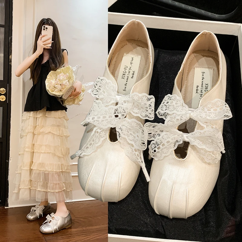 内增高单鞋2025年夏季新款百搭仙女风蕾丝带小皮鞋平底蝴蝶结鞋子