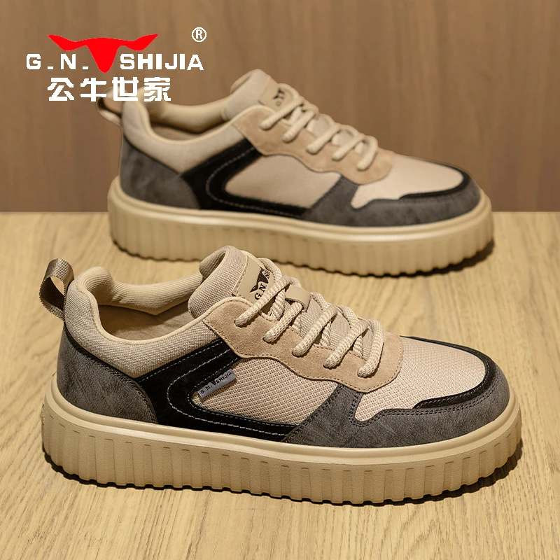 公牛世家男鞋春季2025新款运动工装潮鞋厚底透气网面休闲板鞋男士