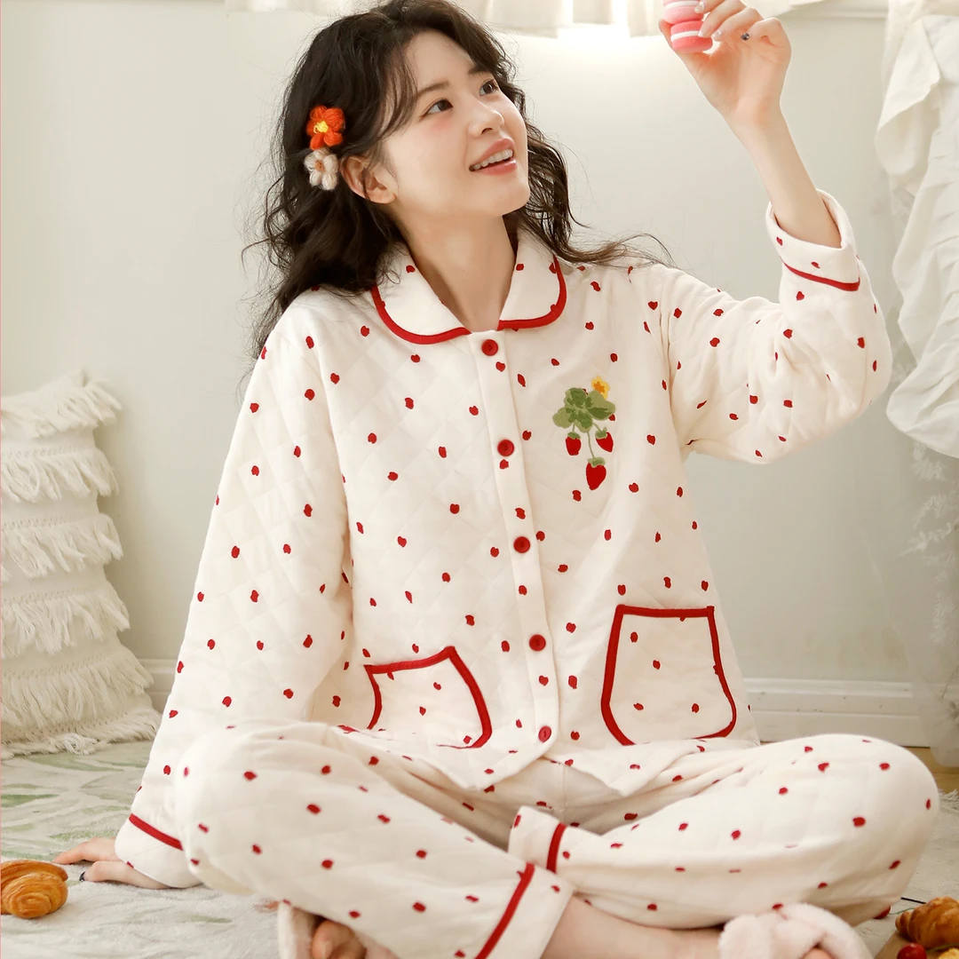 『眠岛』秋冬睡衣女纯棉加厚保暖可外穿空气层夹棉甜美家居服套装