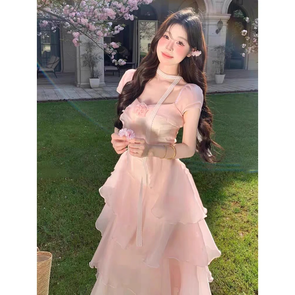 【樱花少女】夏季法式少女风不规则荷叶边长裙收腰短袖连衣裙女