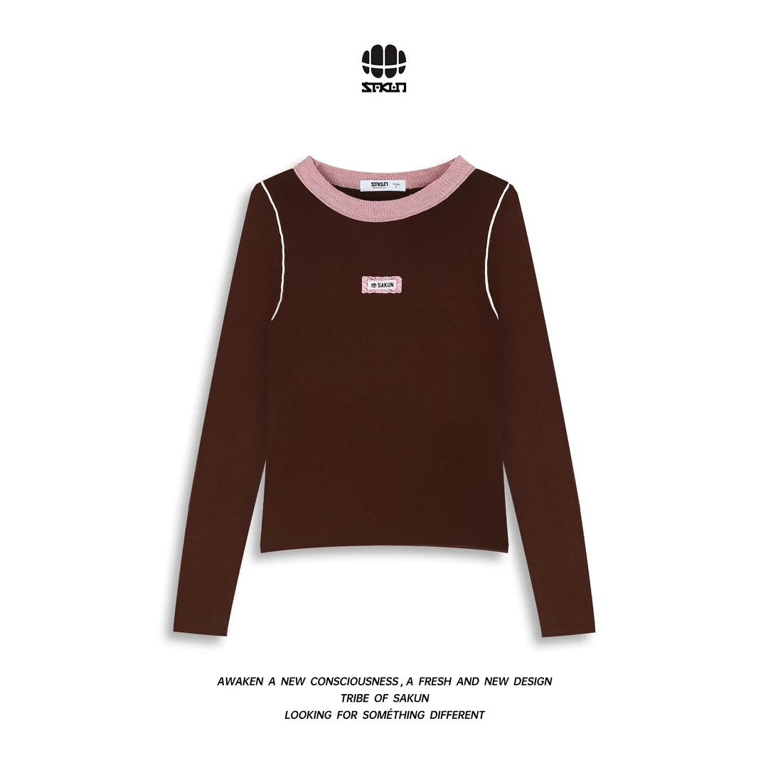 SAKUN设计感韩系撞色显瘦针织长袖上衣3163-1318025