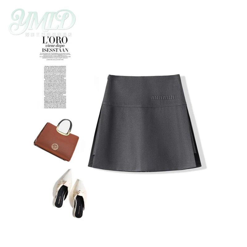 灰色a字半身裙西装裙裤女2025夏新款高腰短裙字母立体绣开叉裤裙