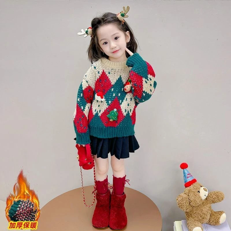 女童加厚毛衣秋冬季2025新款洋气儿童圣诞节针织衫女宝宝打底衫潮