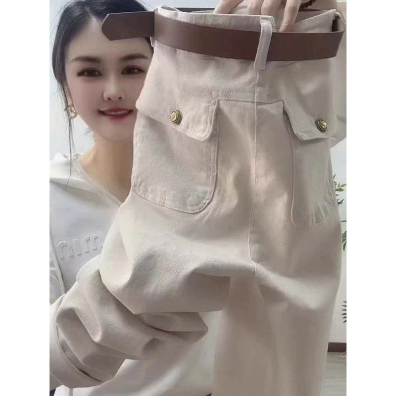 水洗白色棉时尚裤女春季新款百搭显瘦小脚直筒裤高腰宽松哈伦裤