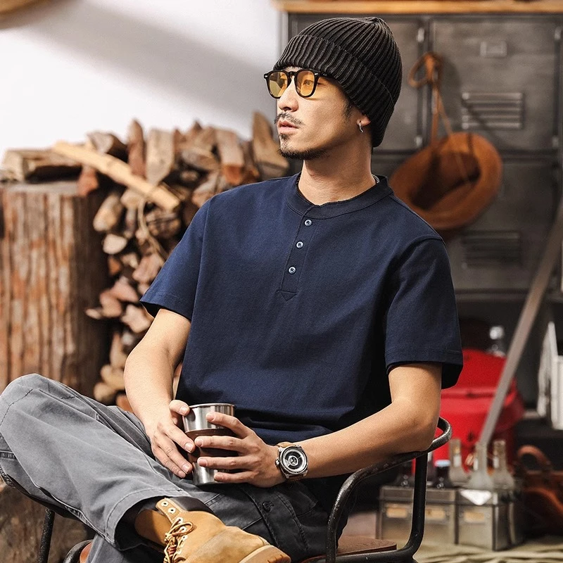 高端美式重磅250g亨利领短袖t恤男夏季新款复古大码纯棉半袖体恤T