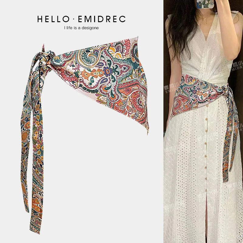 高级感红色腰封束腰女配裙子三角巾丝巾腰带新中式波西米亚民族风