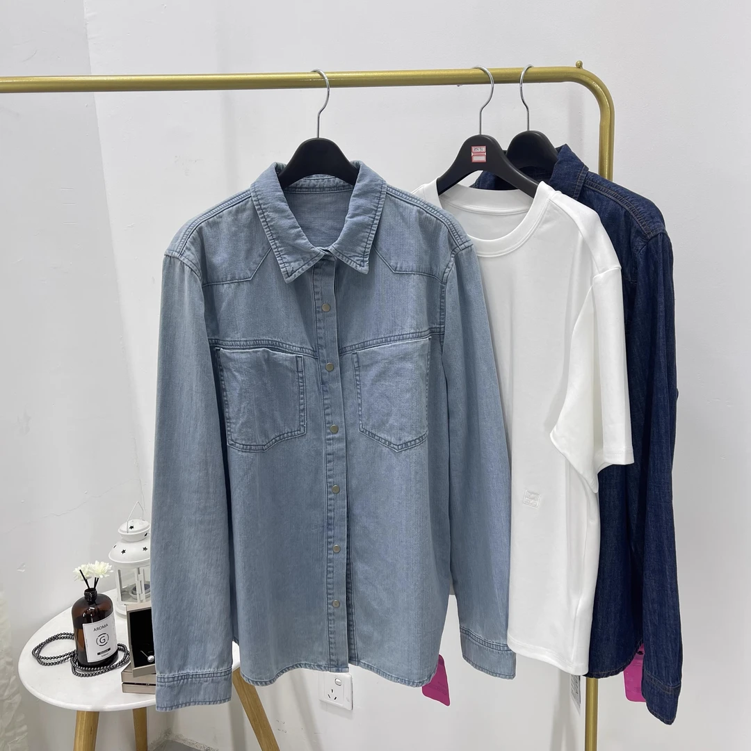 鱼姐家25新款重工时尚好穿宽松长袖蓝色衬衣牛仔衬衫上衣外套女
