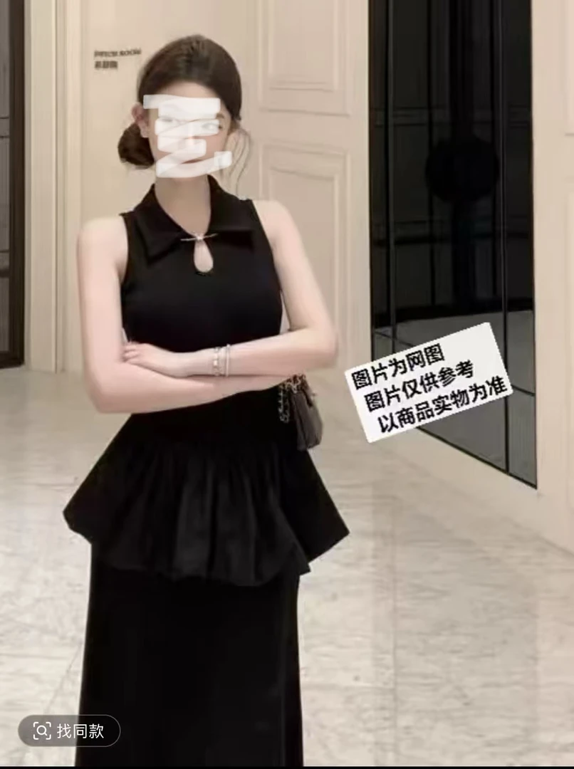 荷叶边拼接假两件翻领连衣裙女夏季气质收腰无袖裙子显瘦黑色长裙