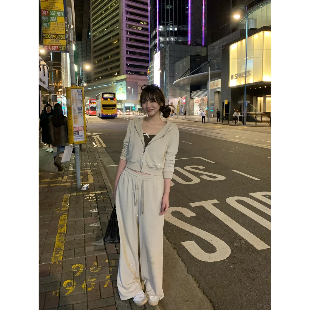 YOKLASS少女家 卡其杏色松弛感烫钻直筒休闲裤 K23299S43