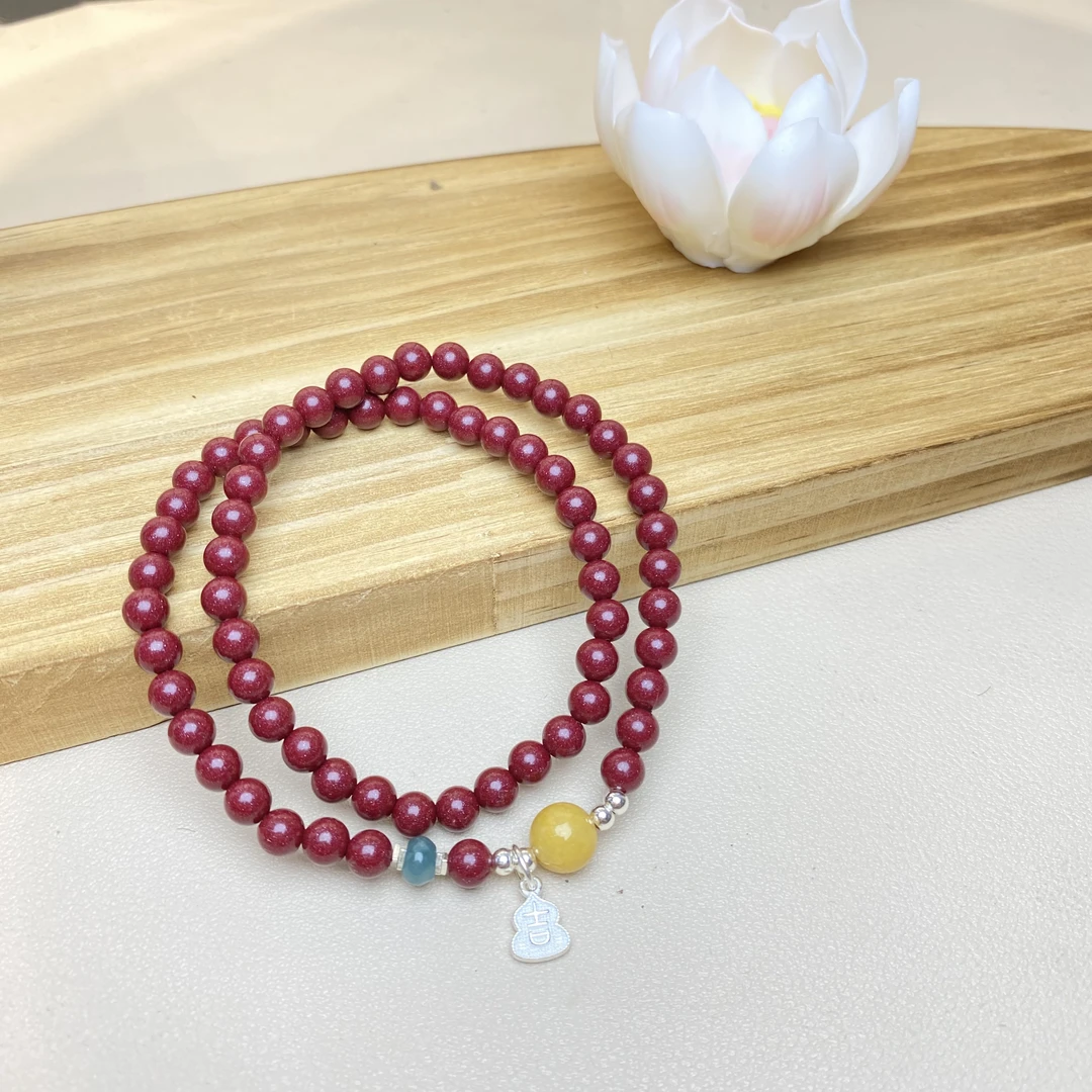 含辰砂工艺品高含量朱砂紫金砂设计款吉祥葫芦卡5m双圈银配饰手串