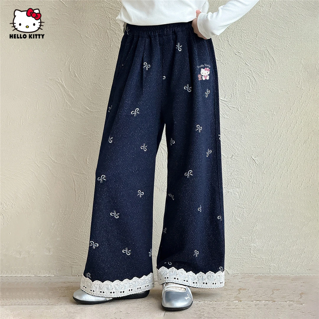 HELLO KITTY女童秋季休闲裤2025款脚口蕾丝花边拼接洋气宽松裤子