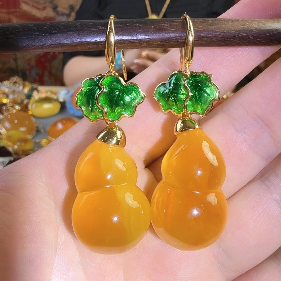 蜜蜡银S925镀金镶嵌耳环