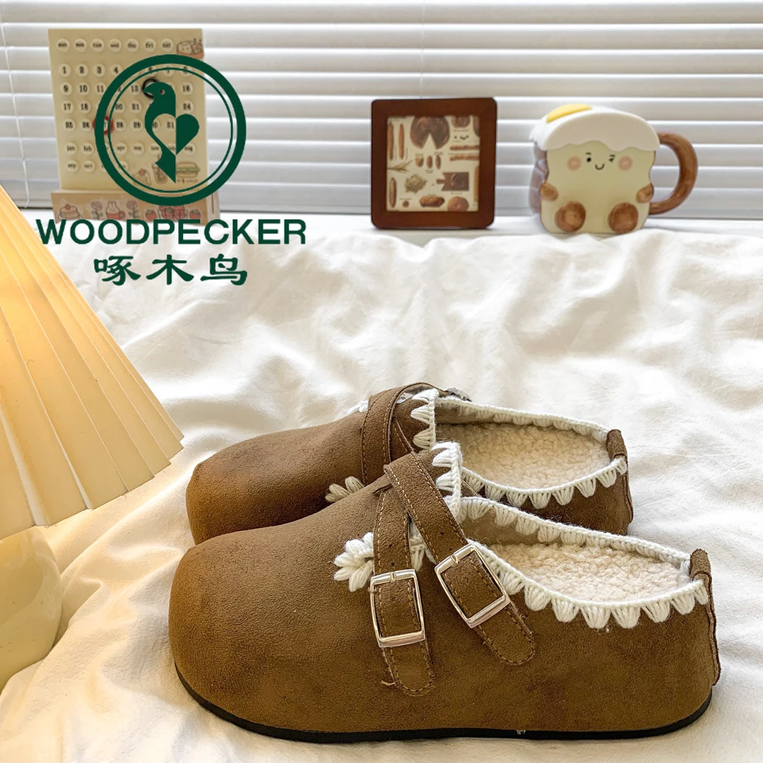 啄木鸟厚底内增高勃肯包头半拖鞋女外穿2025秋冬季新款加绒棉拖鞋