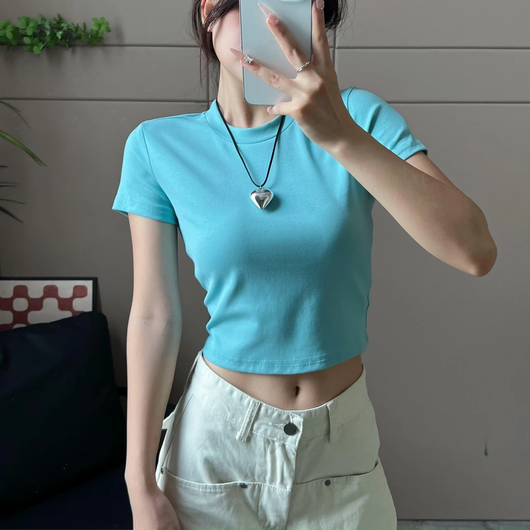 2024夏季新款辣妹风短款纯色上衣女正肩设计短袖T恤女-T2287