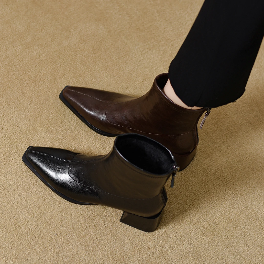 【YOUMI】小方头短靴2025秋冬粗跟冬女英伦百搭中跟靴子法式裸靴